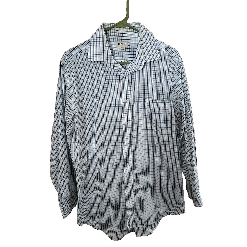 Haggar Mens Fitted Dress Shirt 16-16.5 32/33 White Blue Grid Check Button Down